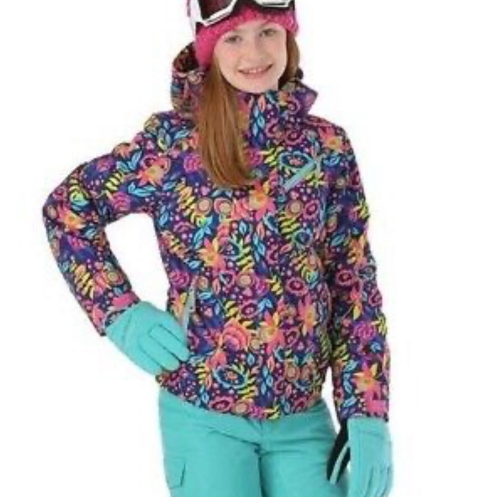Spyder Girls' Multicolor Floral Puffer Jacket - Purple Base with Teal Accents